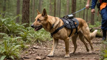 En søke- og redningshund, en tysk gjeterhund, sees i aksjon, lukter på bakken og følger et spor, med sin hundefører i bakgrunnen, i et vilt område med trær og steiner.