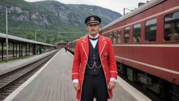 En jernbaneformann i tradisjonell norsk uniform, stående på en plattform med et tog i bakgrunnen.