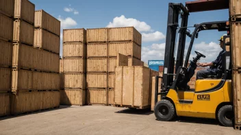 En container fylt med tømmer, med en gaffeltruck i bakgrunnen.