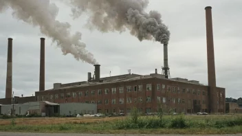 Et foto av en stor industribygning med skorsteiner og en skilt som leser 'Eksplosivfabrikk'.