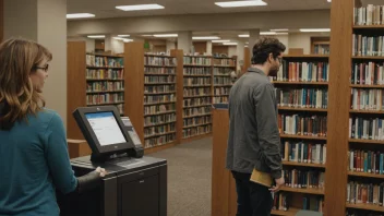 Et moderne bibliotek med et selvbetjent lånesystem og en person som låner en bok.