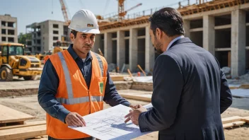 En byggekonsulent diskuterer planer med en arbeider på en byggeplass.