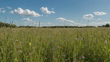 En vakker utsikt over en mark med høyt gras og ville blomster.