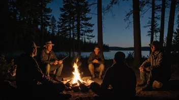 En person sitter ved et bål og forteller et fiskeeventyr til en gruppe mennesker.