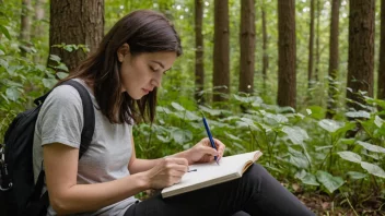 En person studerer miljøet, tar notater og observerer naturen.