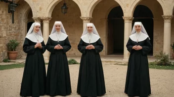 En gruppe nonner i tradisjonelle drakter, stående i en gårdsplass i et middelaldersk kloster.