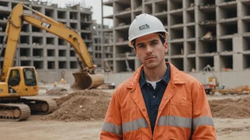 En person som bærer en arbeidsjakke, med en byggeplass i bakgrunnen.