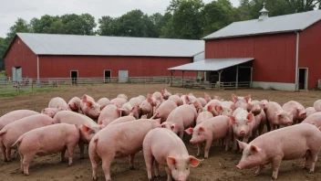 En stor svinefarm med mange griser og en stor låve i bakgrunnen