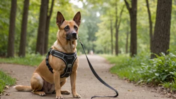 En hund som bærer et hundekoppel og en sele, med en diskret bakgrunn av en park eller en gangsti.