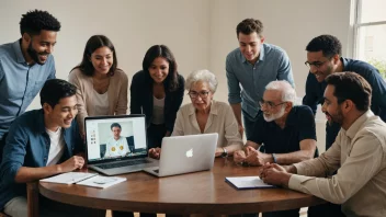 En gruppe mennesker fra ulike bakgrunner og aldersgrupper samlet rundt et bord, ser på en laptop-skjerm med en crowdfunding-kampanje på.