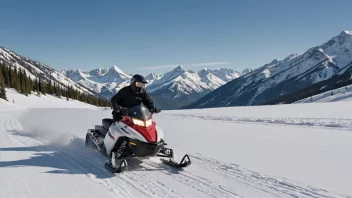 En person som kjører snøskuter gjennom et snødekt landskap med fjell i bakgrunnen.