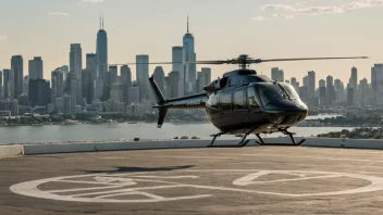 Et helikopter lander på en heliport med en by i bakgrunnen