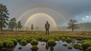 En person som står i et vått og tåkete landskap.