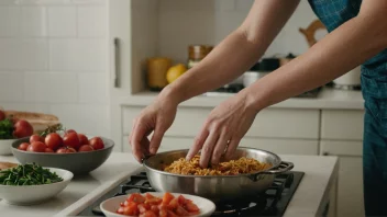 En person står i et kjøkken og hakker grønnsaker og rører i en gryte på komfyren.