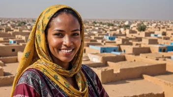 En glad mauritanierinne i tradisjonell klesdrakt, med en fargerik bakgrunn av afrikanske mønster og en bysilhuett av Nouakchott i bakgrunnen.