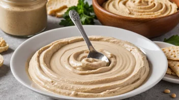 En krukke med tahini og en skje og en tallerken med hummus i bakgrunnen