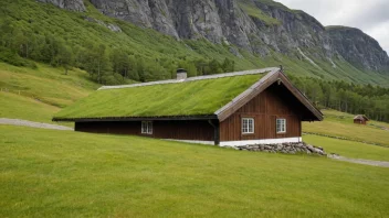 En tradisjonell norsk reinhu-bygning med torvtak og trevegger.