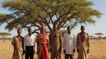 En gruppe østafrikanere i tradisjonelle klær som står foran en savannlandskap.