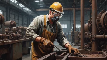 En person som håndterer rustent metall i en fabrikk.