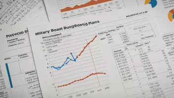 En illustrasjon av en militær budsjetteringsplan med grafer, diagrammer og finansielle data.