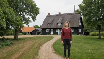 En person fra Sjælland, Danmark, står foran en tradisjonell dansk gård.