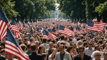 En festlig scene med mennesker i alle aldre samlet i en park, vifter flagg og bannere, og feirer frihet