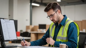 Et bilde av en person i en arbeidsmiljø, med en sjekkliste i hånden, som sikrer at arbeidsplassen møter de nødvendige arbeidsmiljøstandardene.