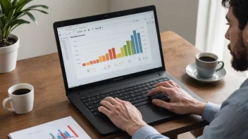En person som analyserer data på en dataskjerm med en graf som viser en økning i reklameeffekten