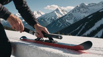 En person som påfører skismøring på sine ski, med et snødekt fjell i bakgrunnen.