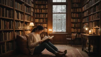 En person som sitter i et bibliotek, omgitt av bøker, leser en bok med en fokusert uttrykk.