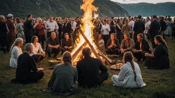 En sommersolstice-feiring i Norge, med mennesker samlet rundt et bål.