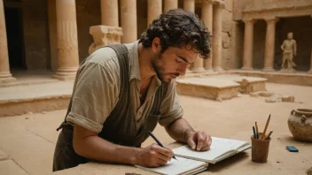 Et bilde av en arkeolog eller historiker som studerer gamle gjenstander på et museum eller utgravingssted.