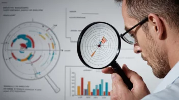 En person som fokuserer på et mål med et forstørrelsesglass, med en bakgrunn av grafer og diagrammer.