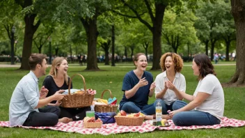 En sosial sammenkomst i en park, hvor folk nyter hverandres selskap og friluftslivet.