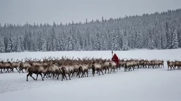 En samisk person i tradisjonelle klær som gjeter reinsdyr i et snødekt landskap.