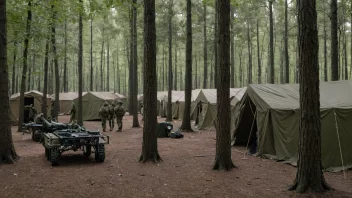 En midlertidig militærleir i en skog, med soldater og utstyr