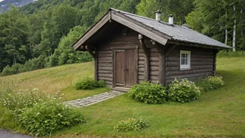 Et lite, tradisjonelt norsk gjødselhus med skråtak og en dør i midten.