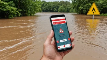 Et oversvømmelsesvarslingsystem med en mobiltelefon som viser en advarsel.