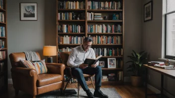 En person leser en bok om bedrifter og næringsliv, omgitt av andre bøker om samme tema.