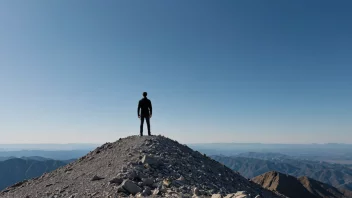 En person som står alene på et fjelltopp, med et selvbevisst uttrykk, omgitt av en klar blå himmel uten skyer.