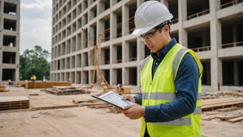 En byggeplass med en byggekoordinator i forgrunnen, som ser på en byggeplan på en tablet.