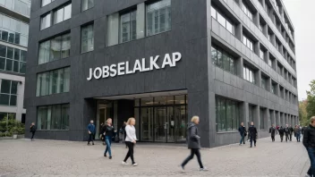 Et foto av en moderne kontorbygning med en skilt som leser 'Jobbselskap' på norsk.