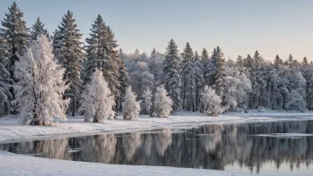 Et vinterlandskap med snødekte trær og en frossen innsjø.