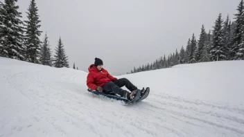 En person sleider ned en snødekt ås på en slede, med et stort smil på ansiktet.