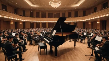 En varm og koselig konsert sal med et stort piano på scenen, omgitt av musikkelskere som nyter en sonatekveld.