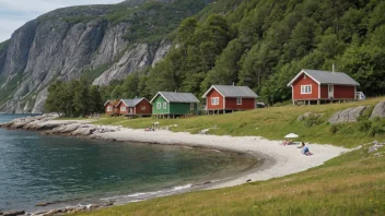 Et sommerhusområde i Norge med trehus og mennesker ute.