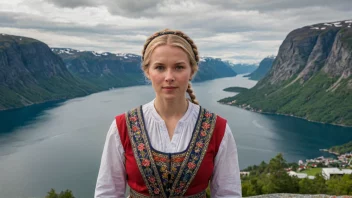 En tradisjonell norsk kvinne som bærer en hovedbonad, med et naturskjønt fjordlandskap i bakgrunnen.