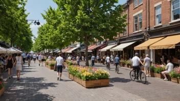 En livlig gågate med en rekke butikker og kafeer, omgitt av grønt og fylt med mennesker som nyter friluftslivet.