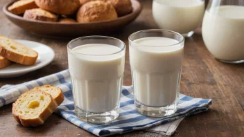 Et glass kremmelk på en frokostbord med en bolle frokostblanding og en skive brød