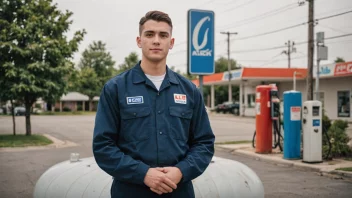 En gasselger i uniform står ved siden av en gass tank